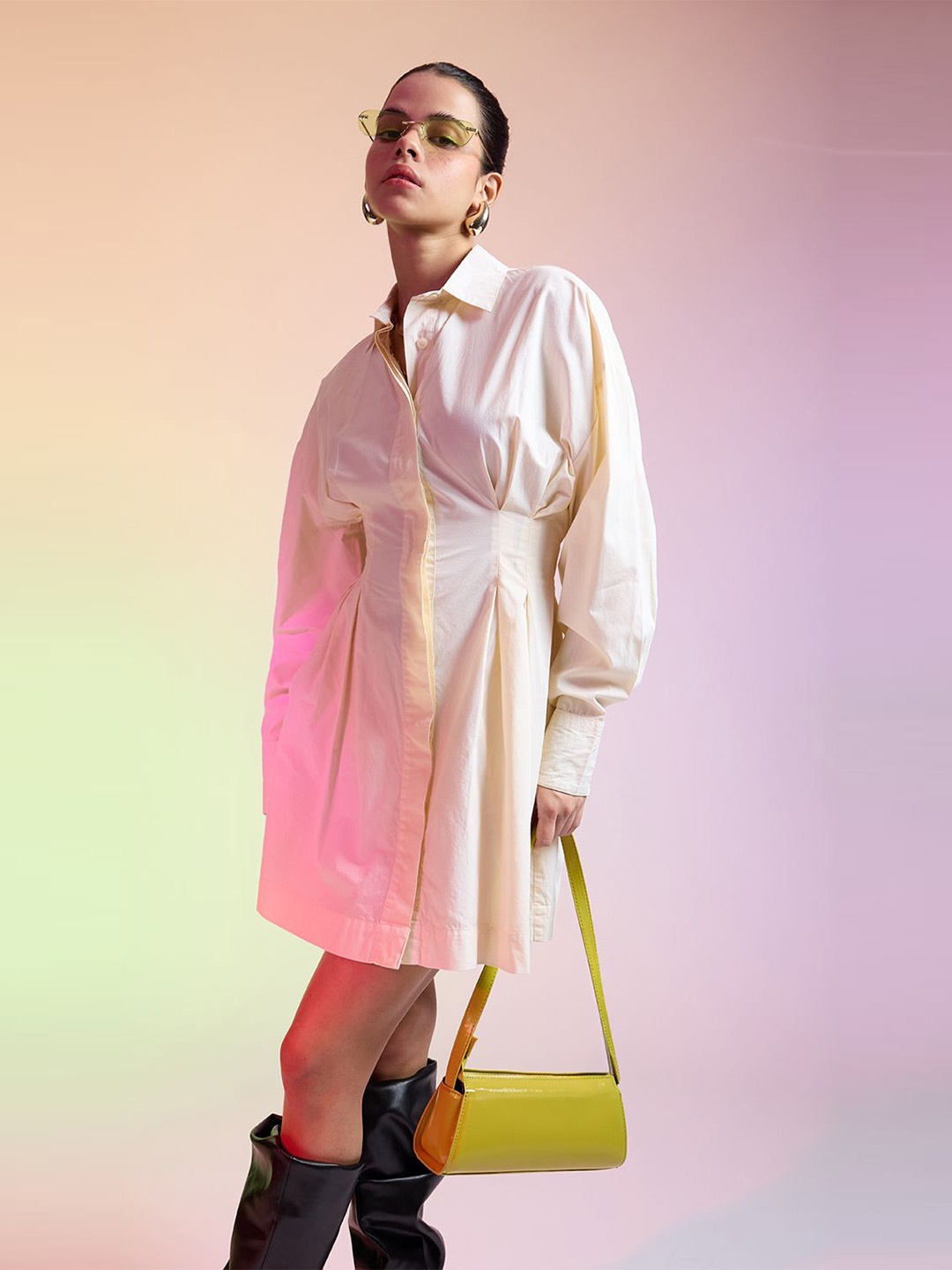 

FREAKINS Women Cotton Cuffed Sleeves Shirt Dress, Cream
