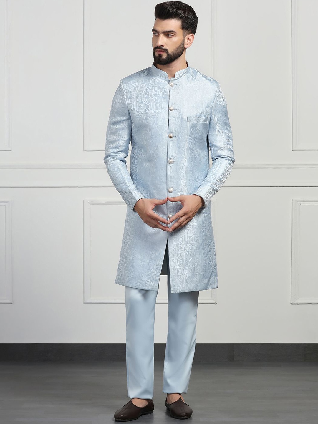 

TAHVO Mens Embroidered Mndarin Collar Sherwani Set, Blue
