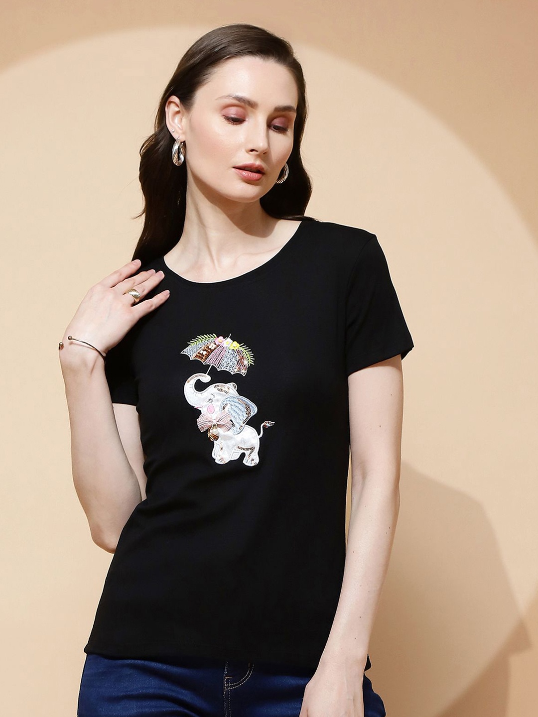 

Global Republic Women Round Neck Applique T-shirt, Black