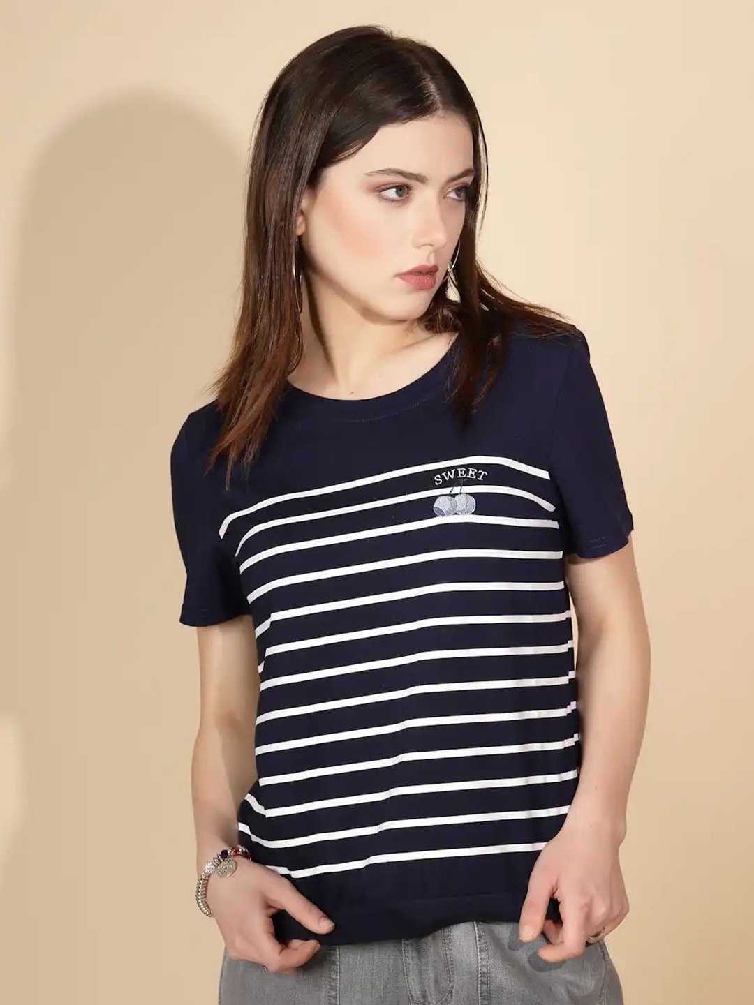 

Global Republic Women Striped Nautical Round Neck T-shirt, Blue