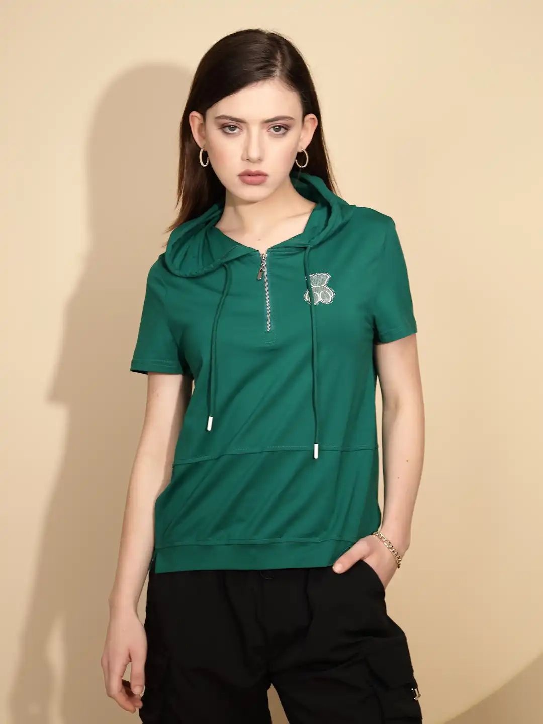 

Global Republic Solid Hood Neck Top, Green