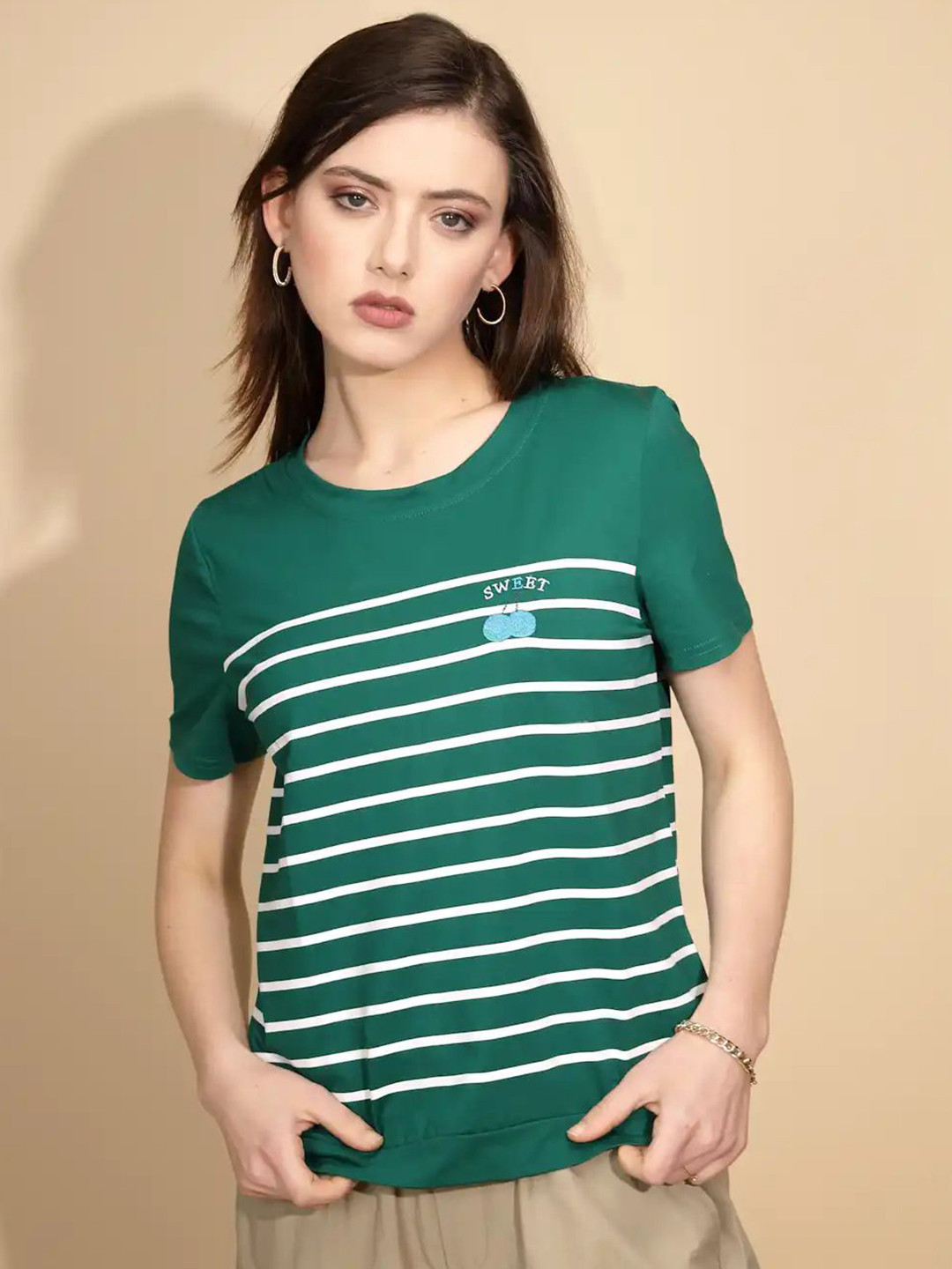 

Global Republic Striped Round Neck Top, Green