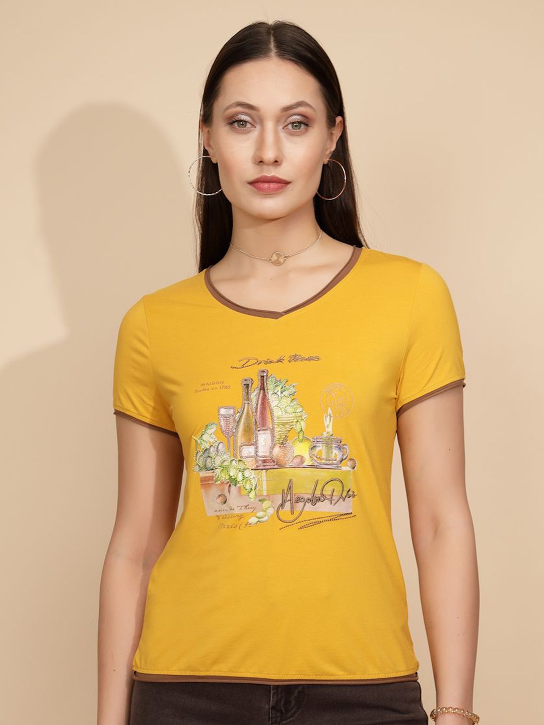 

Global Republic Women Graphic Printed Round Neck T-shirt, Yellow