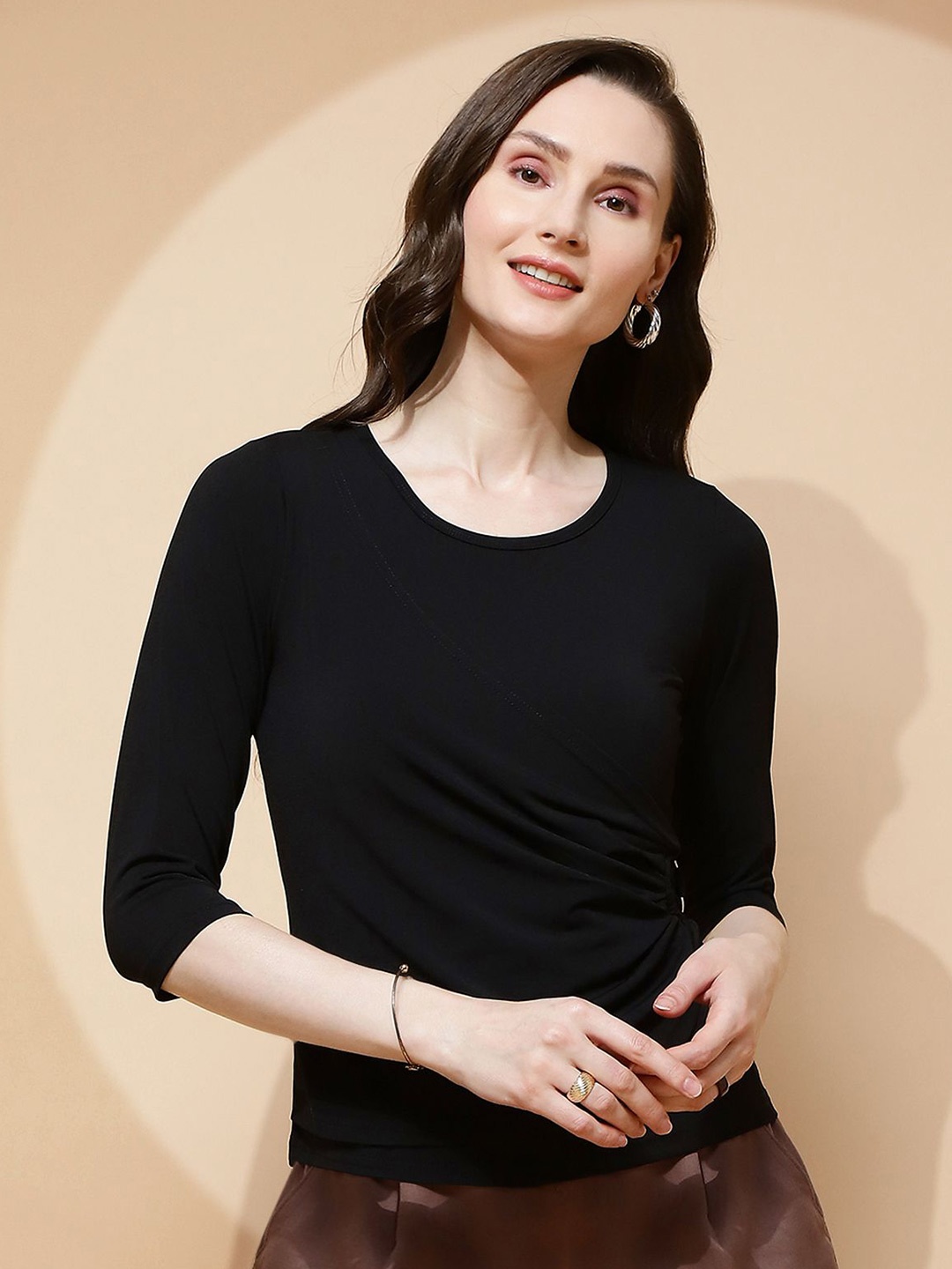 

Global Republic Solid Round Neck Top, Black