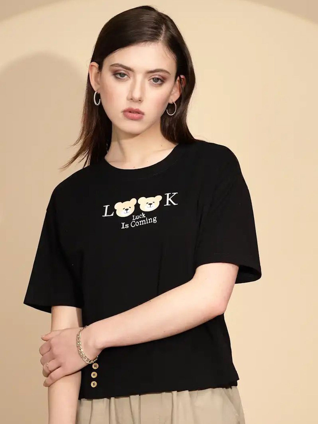

Global Republic Women Round Neck Typography Printed T-shirt, Black