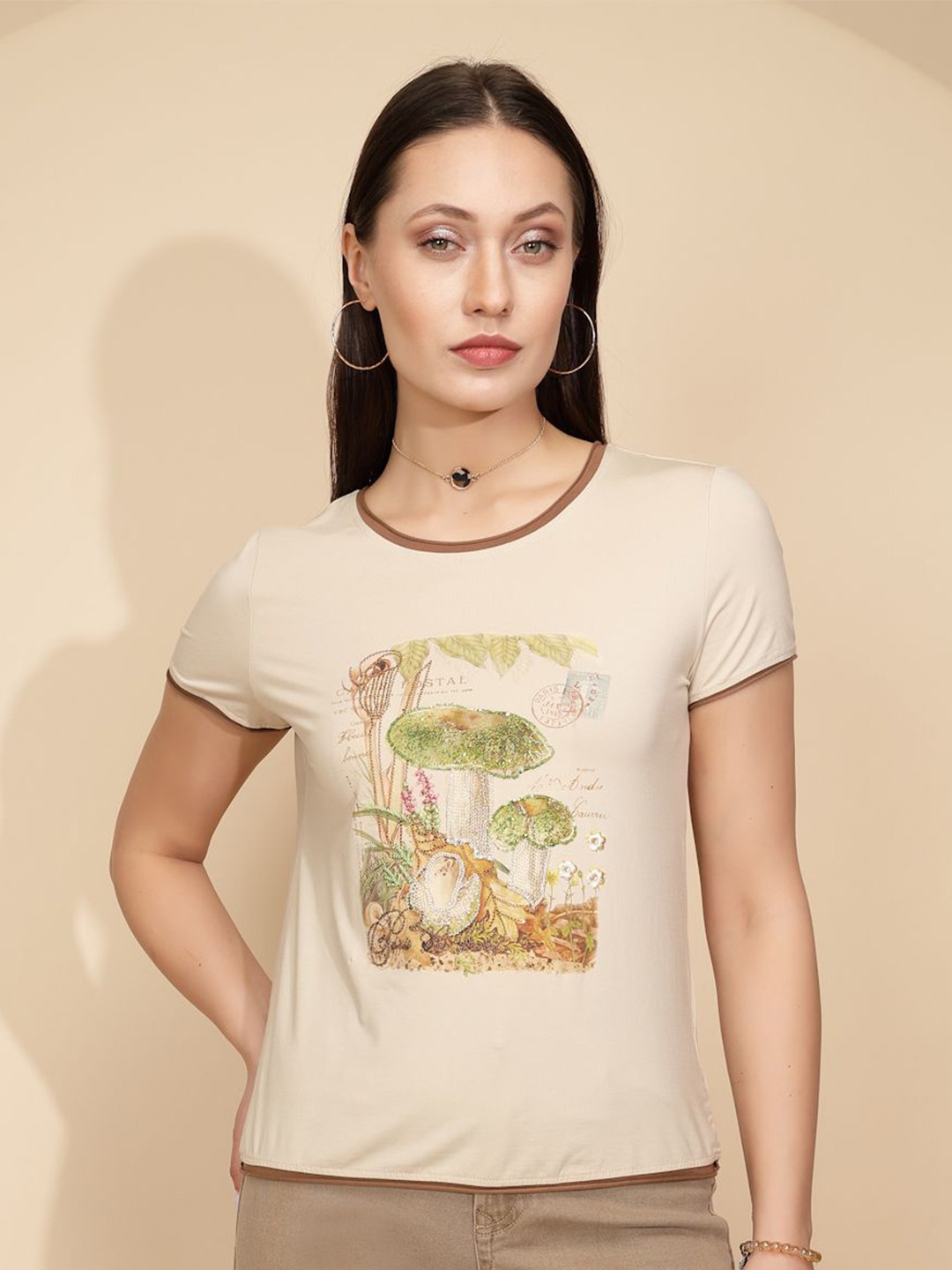 

Global Republic Women Embellished Round Neck T-shirt, Beige