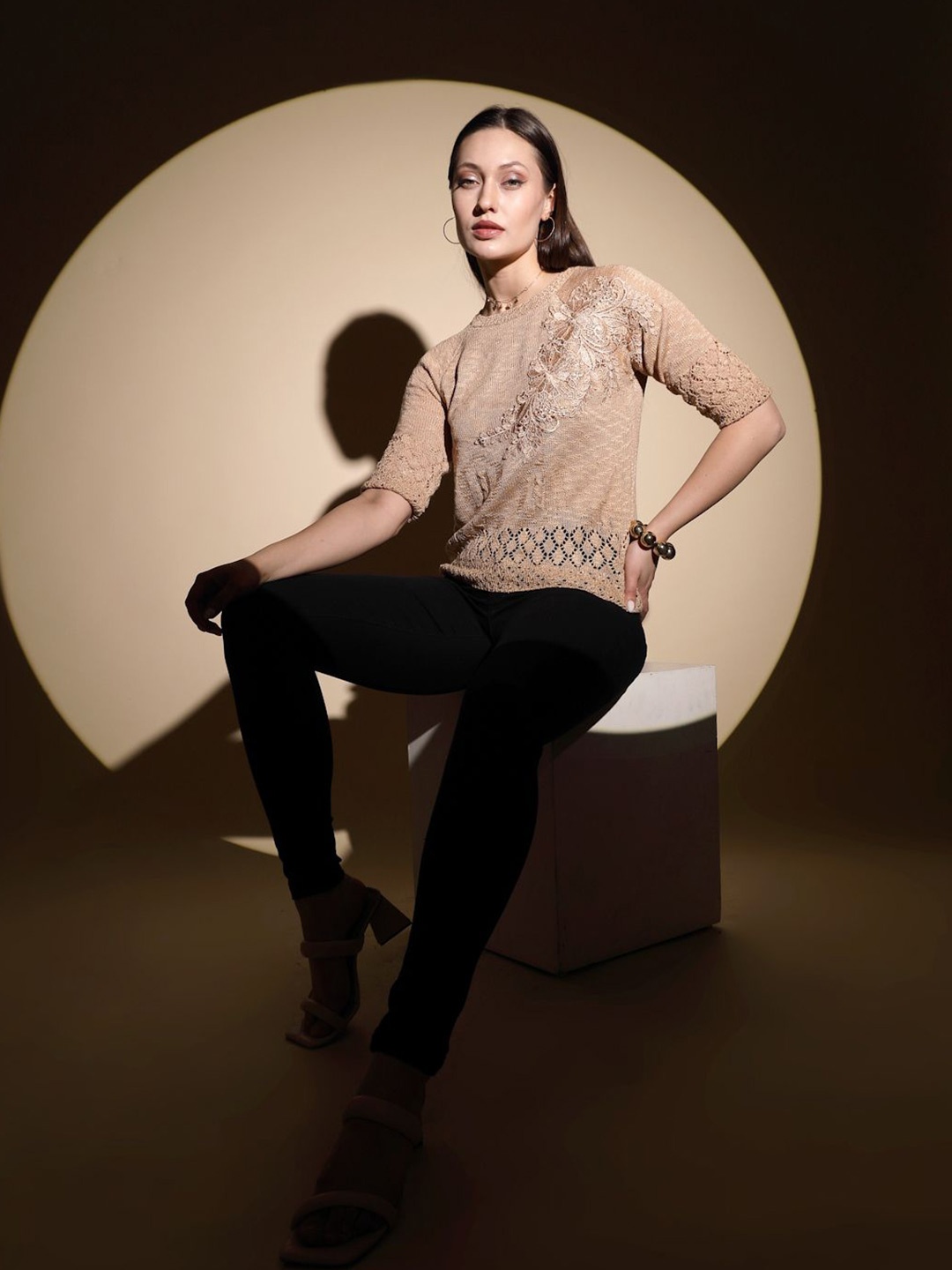 

Global Republic Embroidered Self Design Round Neck Top, Beige