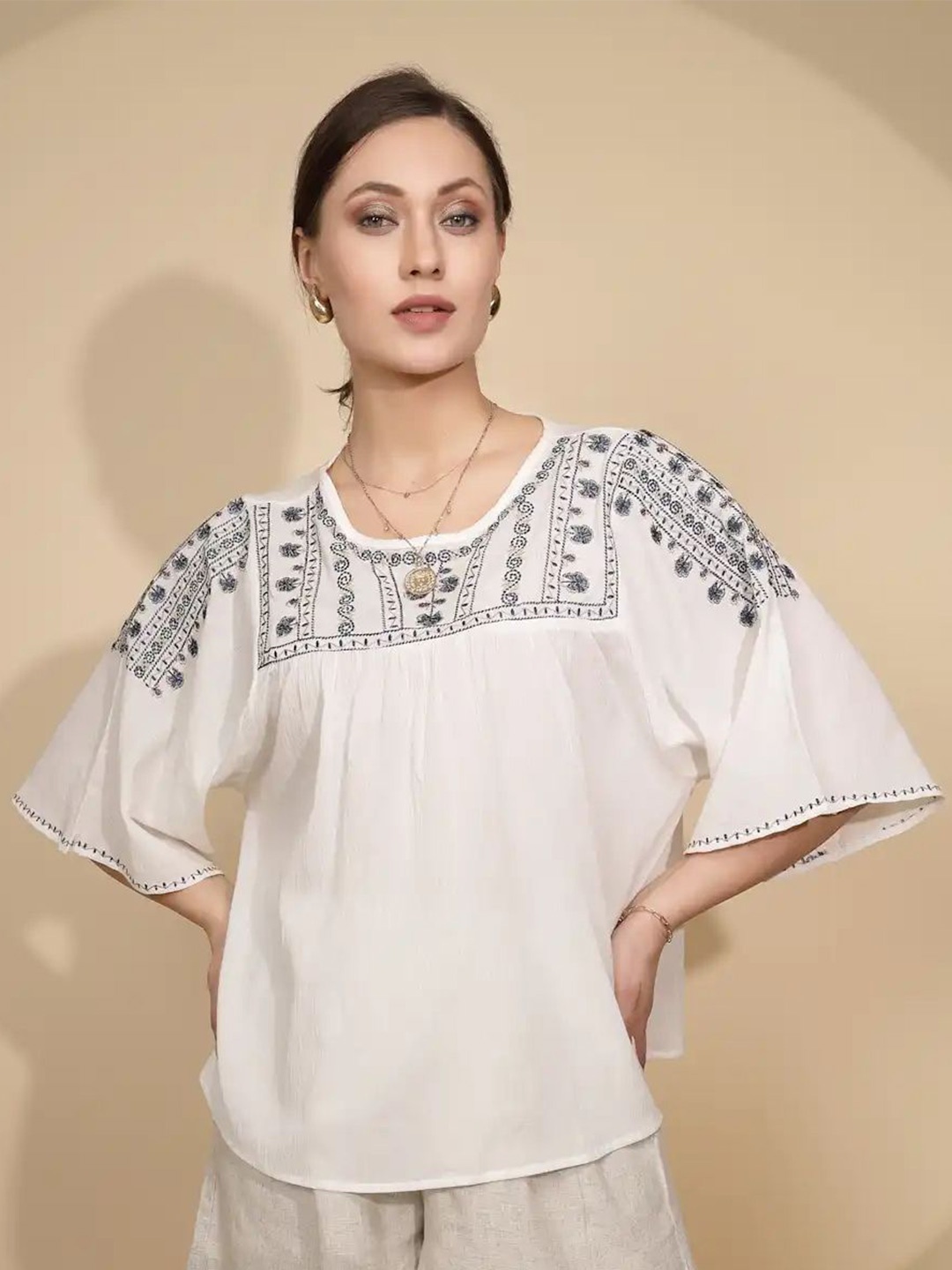 

Global Republic Ethnic Motifs Round Neck Top, White