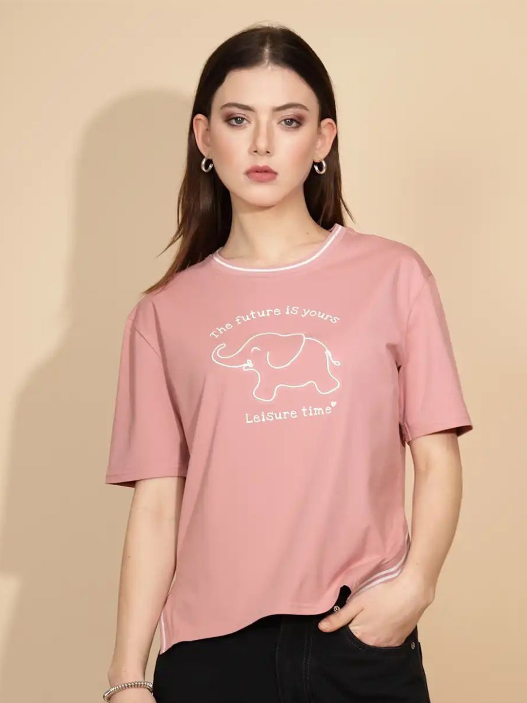 

Global Republic Women Typography Printed Round Neck T-shirt, Pink