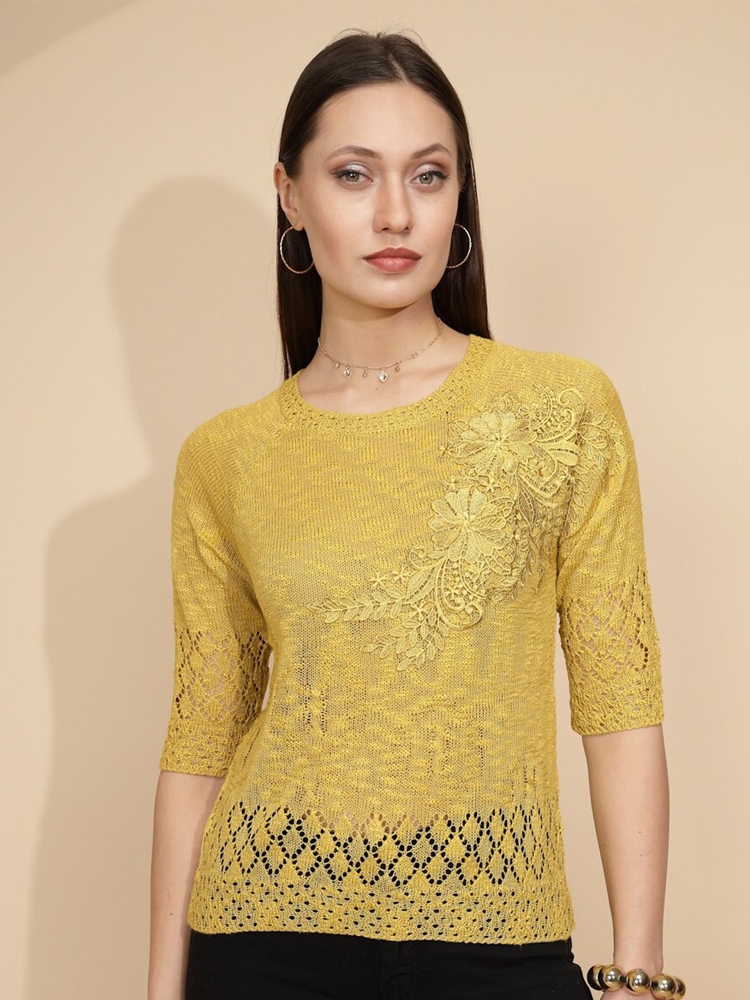 

Global Republic Embroidered Self Design Round Neck Top, Yellow