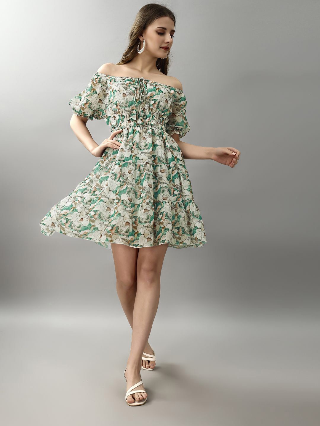

BAESD Women Floral Print Off-Shoulder Puff Sleeve Georgette Fit & Flare Mini Dress, Green