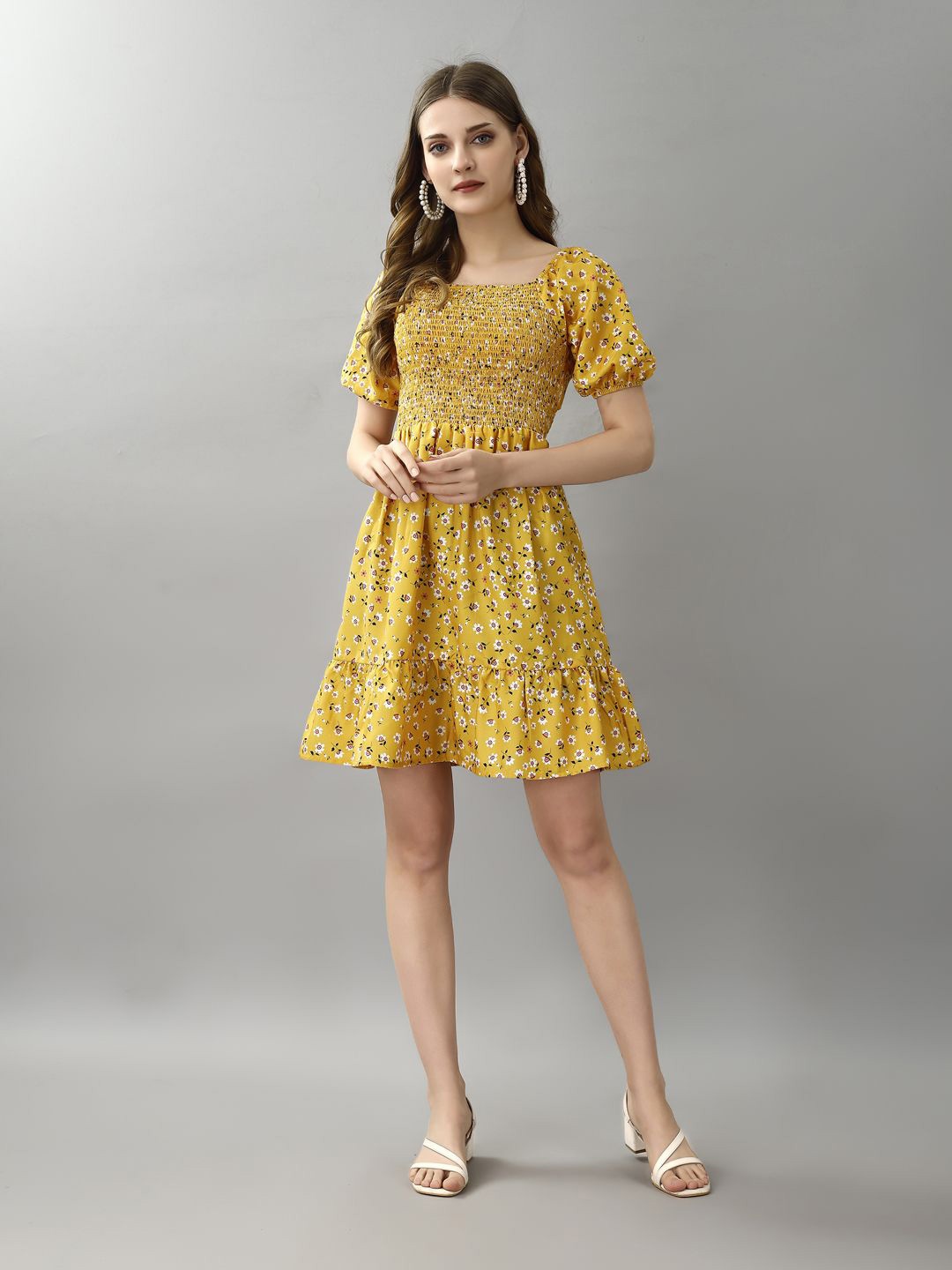 

BAESD Women Floral Print Puff Sleeve Fit & Flare Dress, Yellow