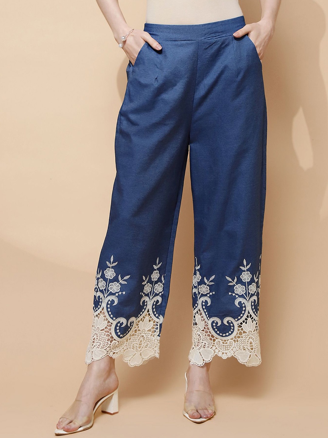 

Global Republic Women Floral Printed Tailored Regular Fit Parallel Trousers, Blue