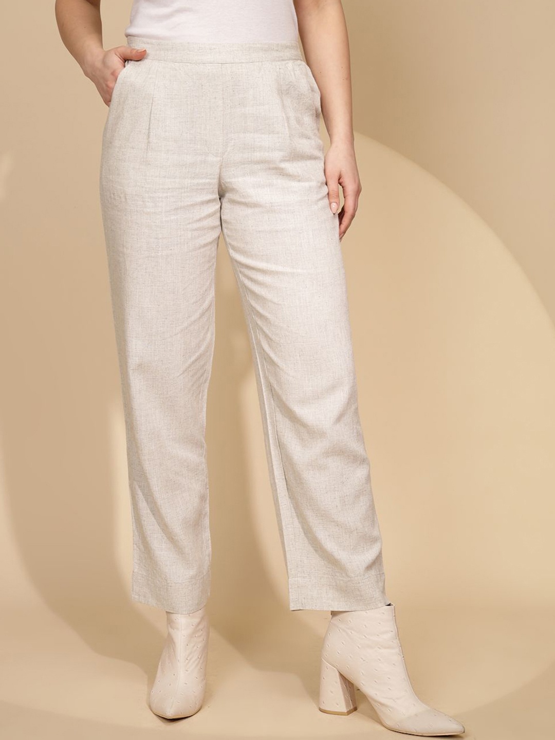 

Global Republic Women Tailored Straight Fit Pleated Trousers, Beige