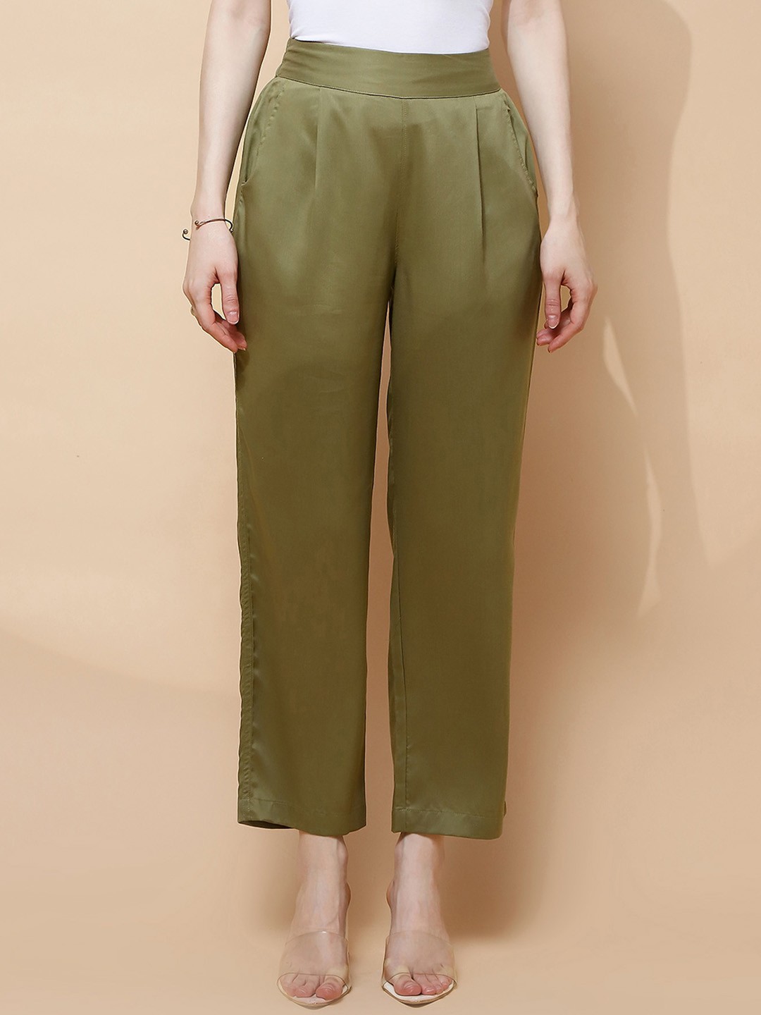 

Global Republic Women Tailored Easy Wash Regular Fit Pleated Trousers, Green