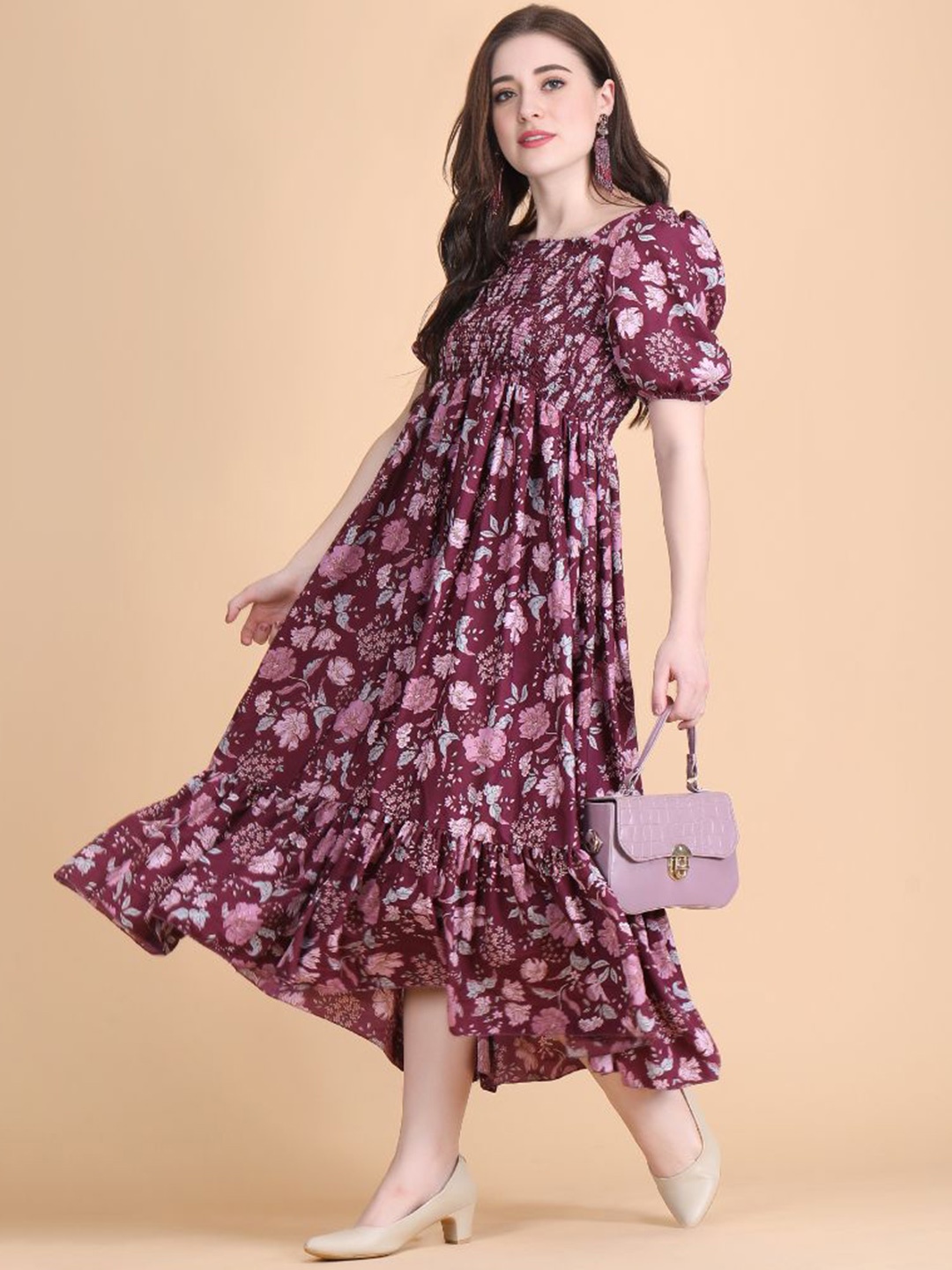 

DEKLOOK Women Floral Print Puff Sleeve Crepe A-Line Maxi Dress, Purple