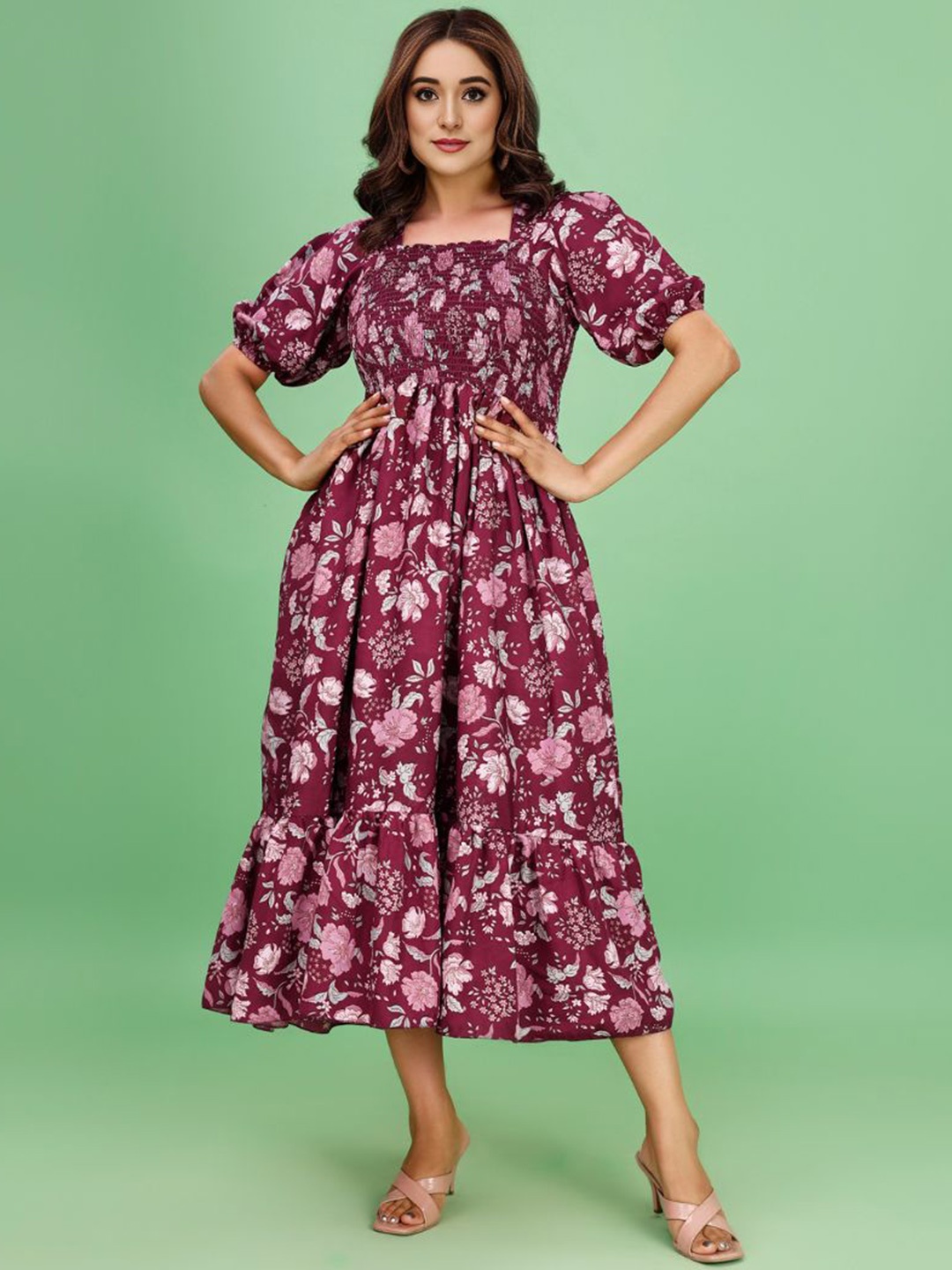 

DEKLOOK Women Floral Print Puff Sleeve Crepe Fit & Flare Midi Dress, Purple