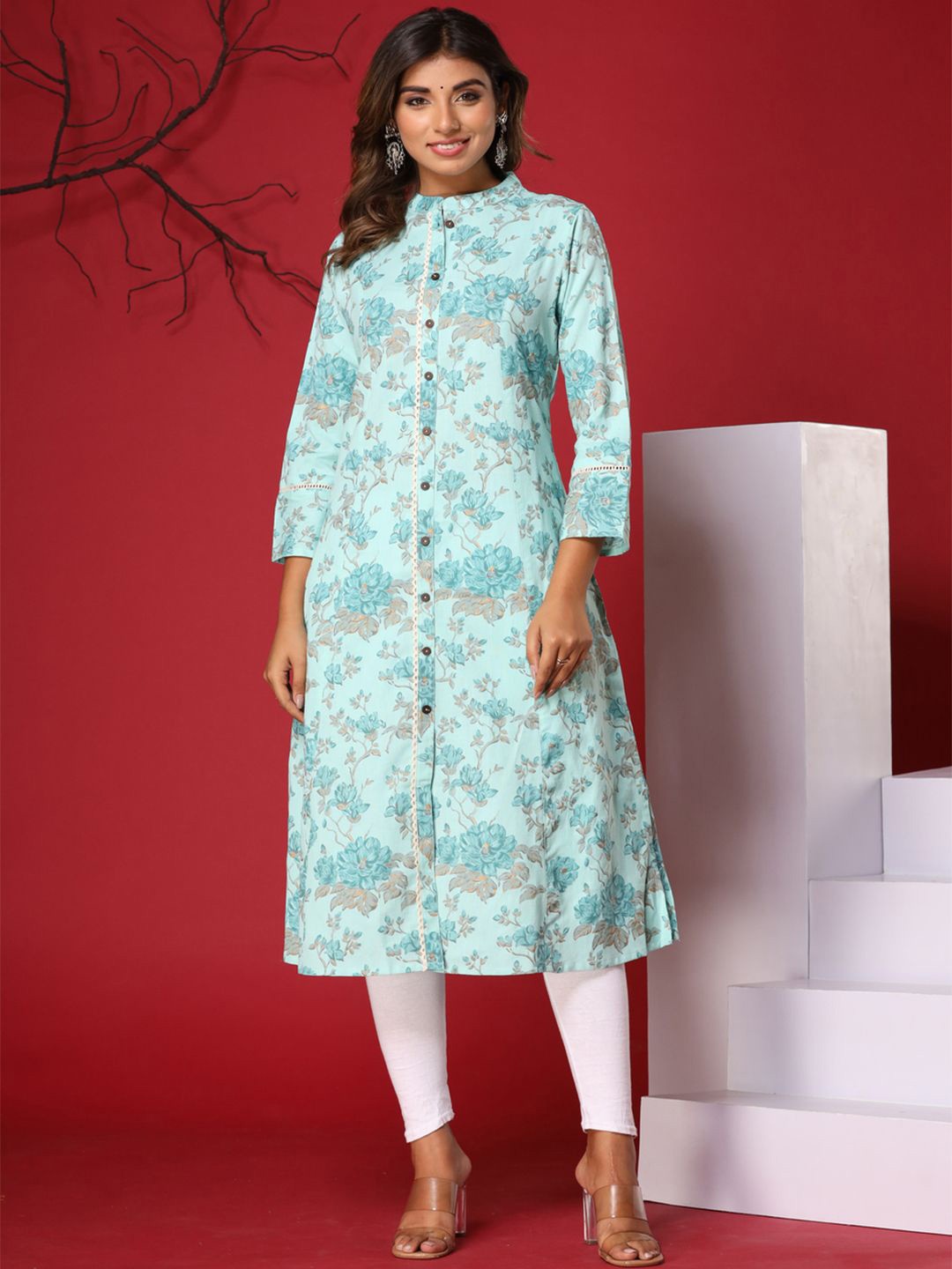 

ARAVALII Women Floral Printed A-Line Kurta, Blue