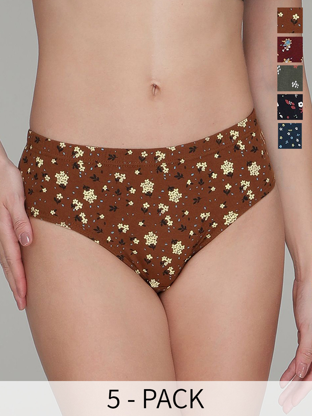 

AMUL COMFY Women Pack Of 5 Printed Mid-Rise Pure Cotton Basic Briefs, Green