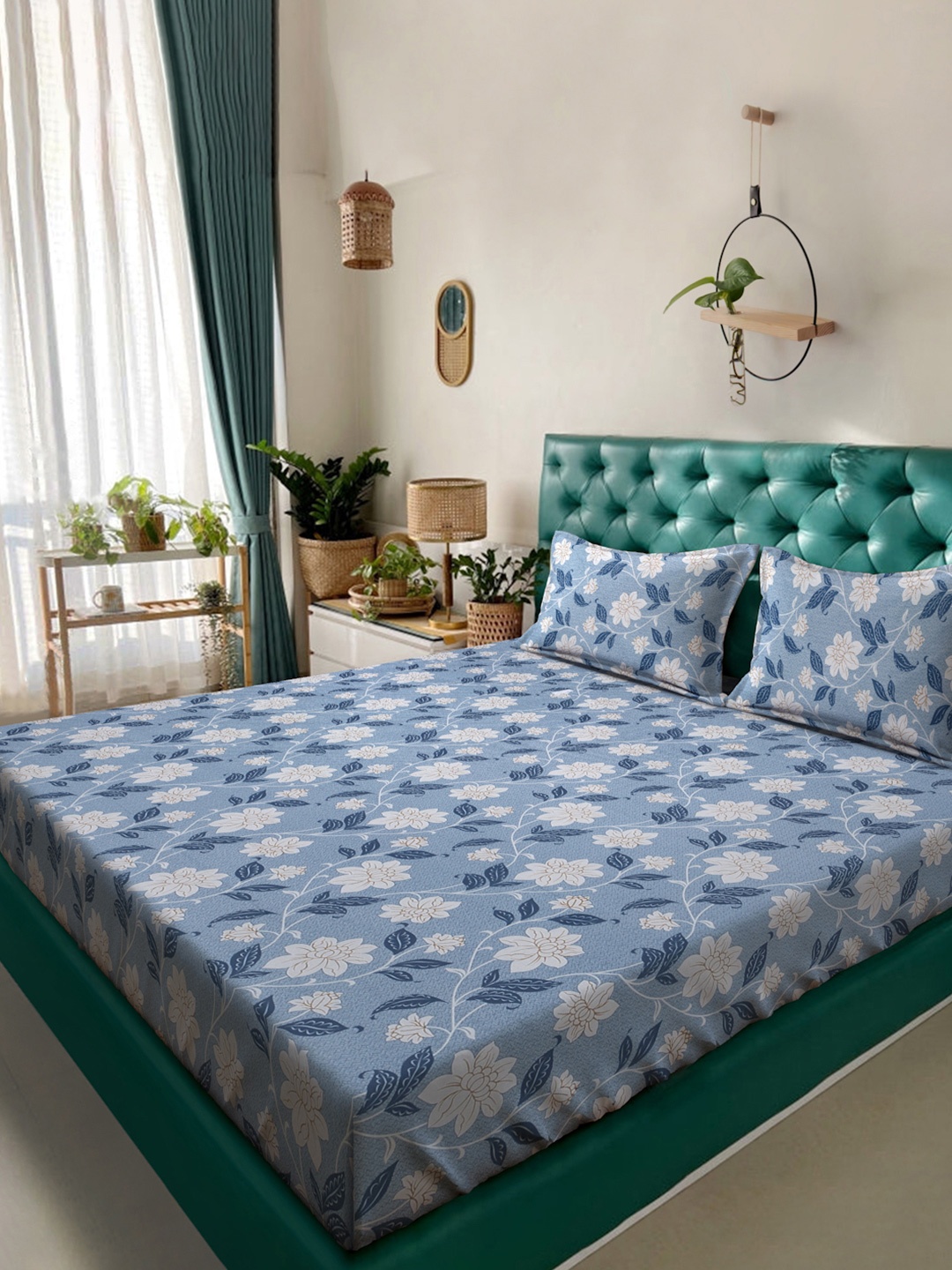 

KLOTTHE Blue Floral Printed 400 TC Pure Cotton Fitted King Bedsheet & 2 Pillow Covers