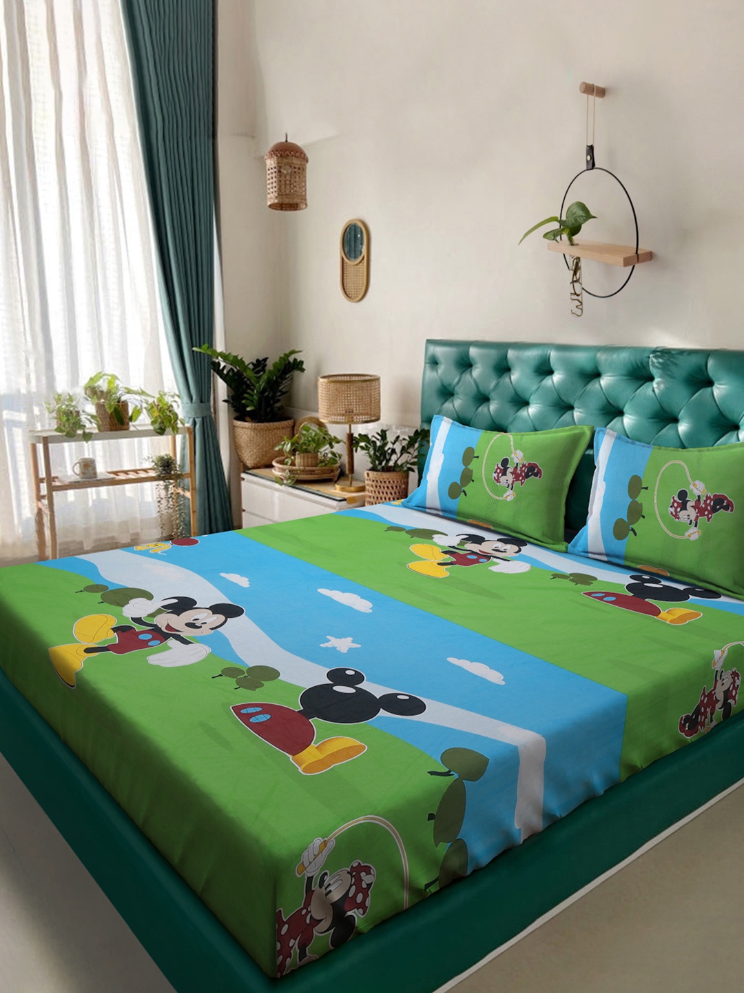 

KLOTTHE Green & Blue Printed 400 TC Pure Cotton Fitted King Bedsheet & 2 Pillow Covers