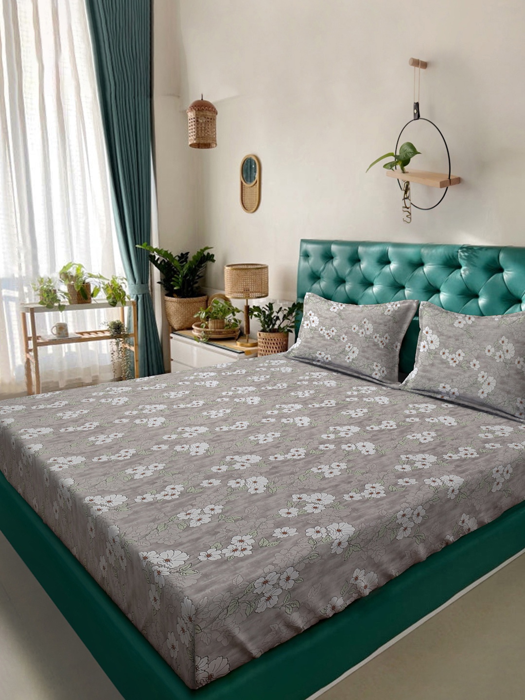 

KLOTTHE Grey Floral Printed 400 TC Pure Cotton Fitted King Bedsheet & 2 Pillow Covers
