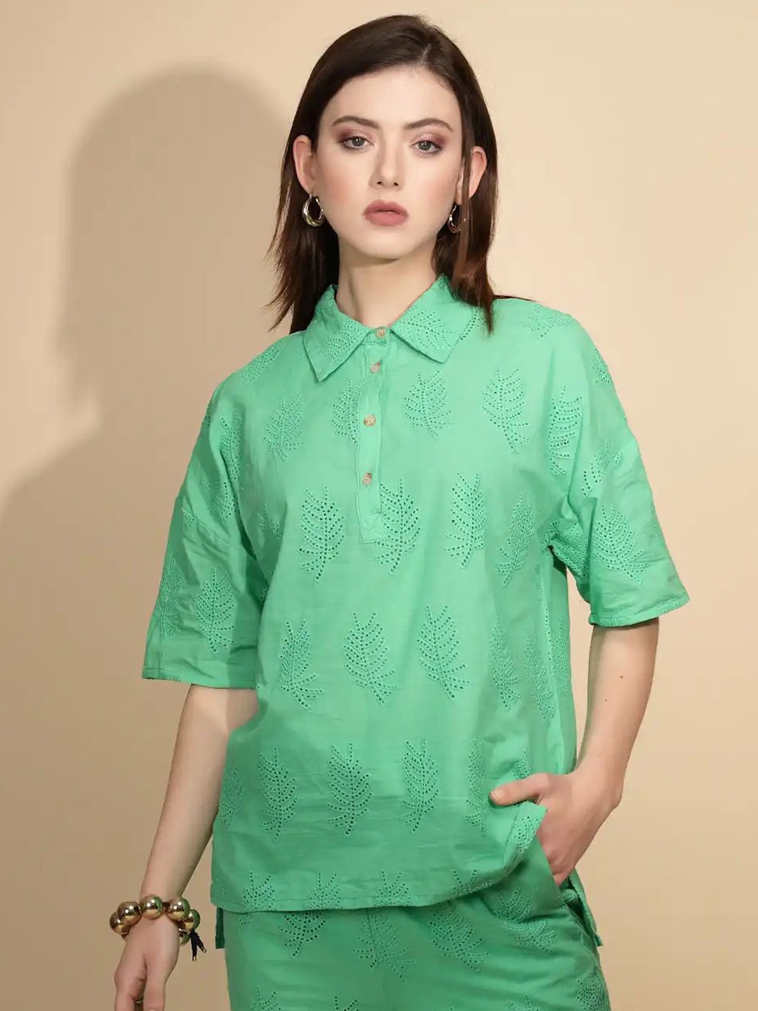 

Global Republic Women Classic Floral Cotton Printed Casual Shirt, Green