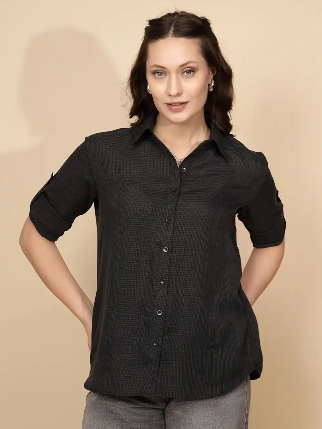 

Global Republic Women Solid Classic Tailored Fit Cotton Casual Shirt, Black