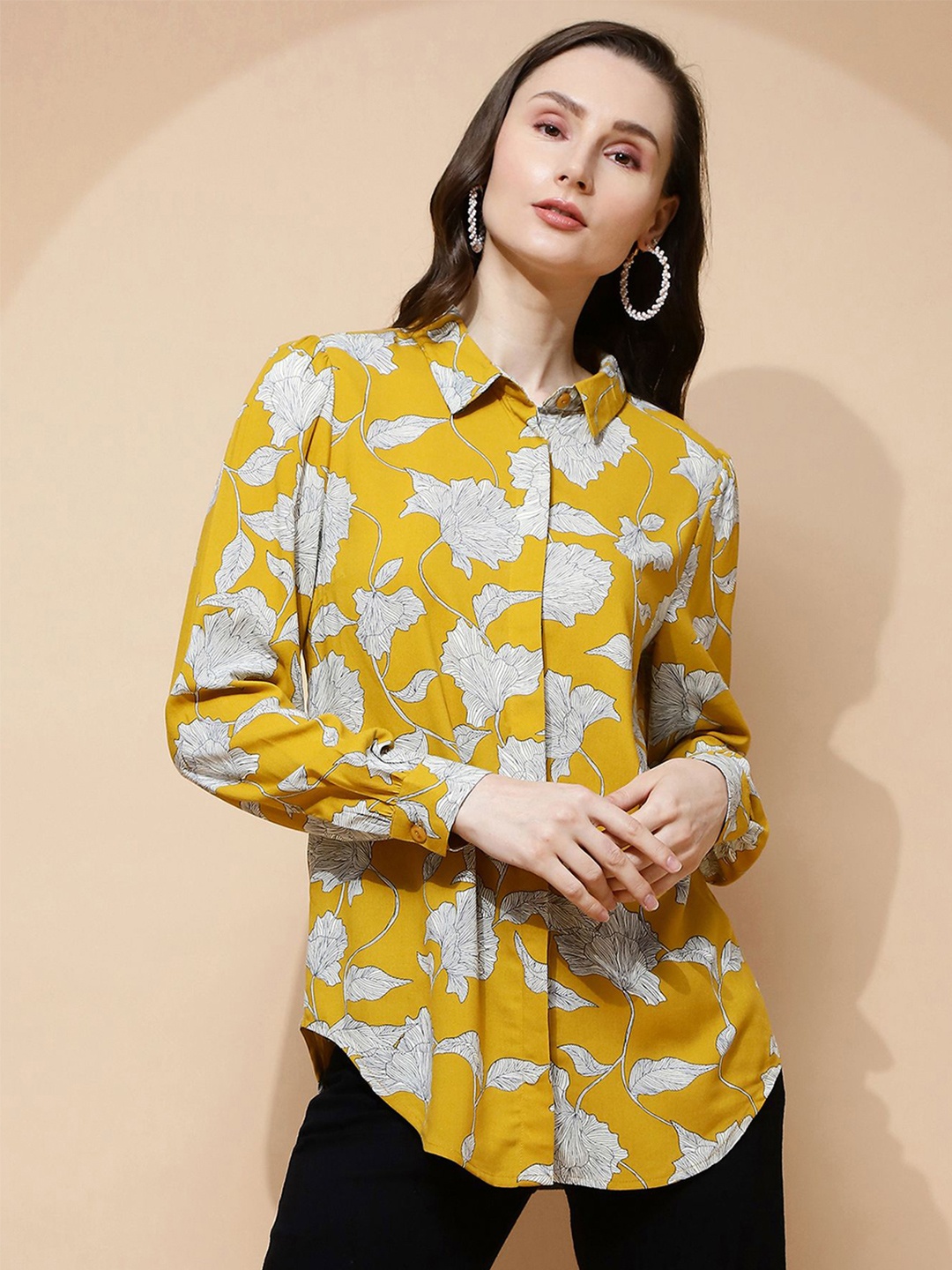 

Global Republic Women Classic Floral Printed Casual Shirt, Yellow