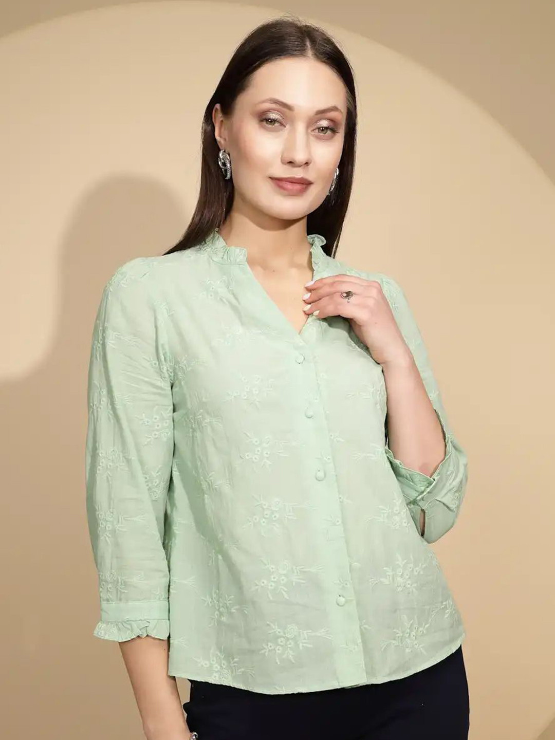 

Global Republic Women Classic Cotton Printed Casual Shirt, Green