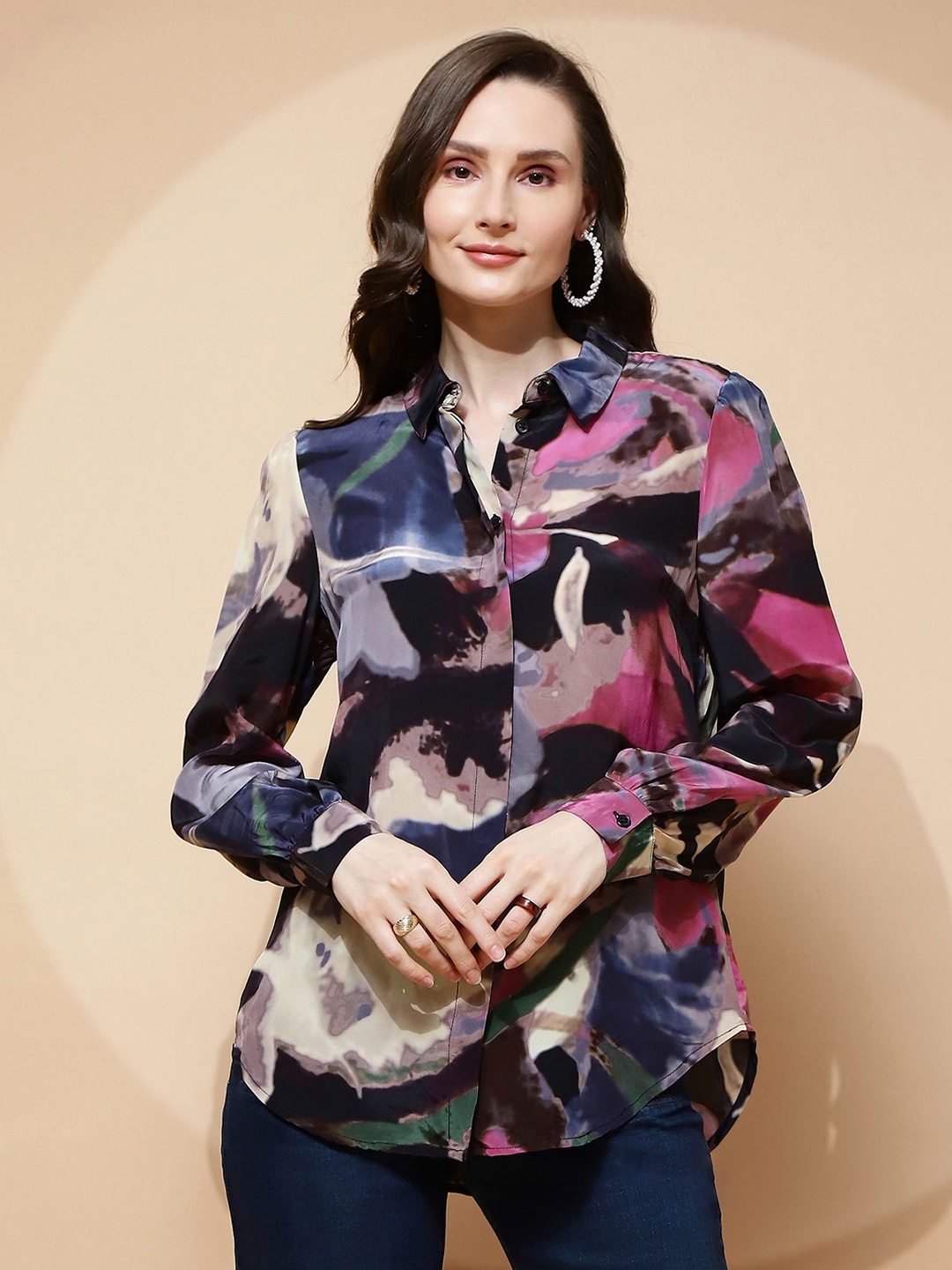 

Global Republic Women Classic Tailored Fit Abstract Printed Casual Shirt, Black
