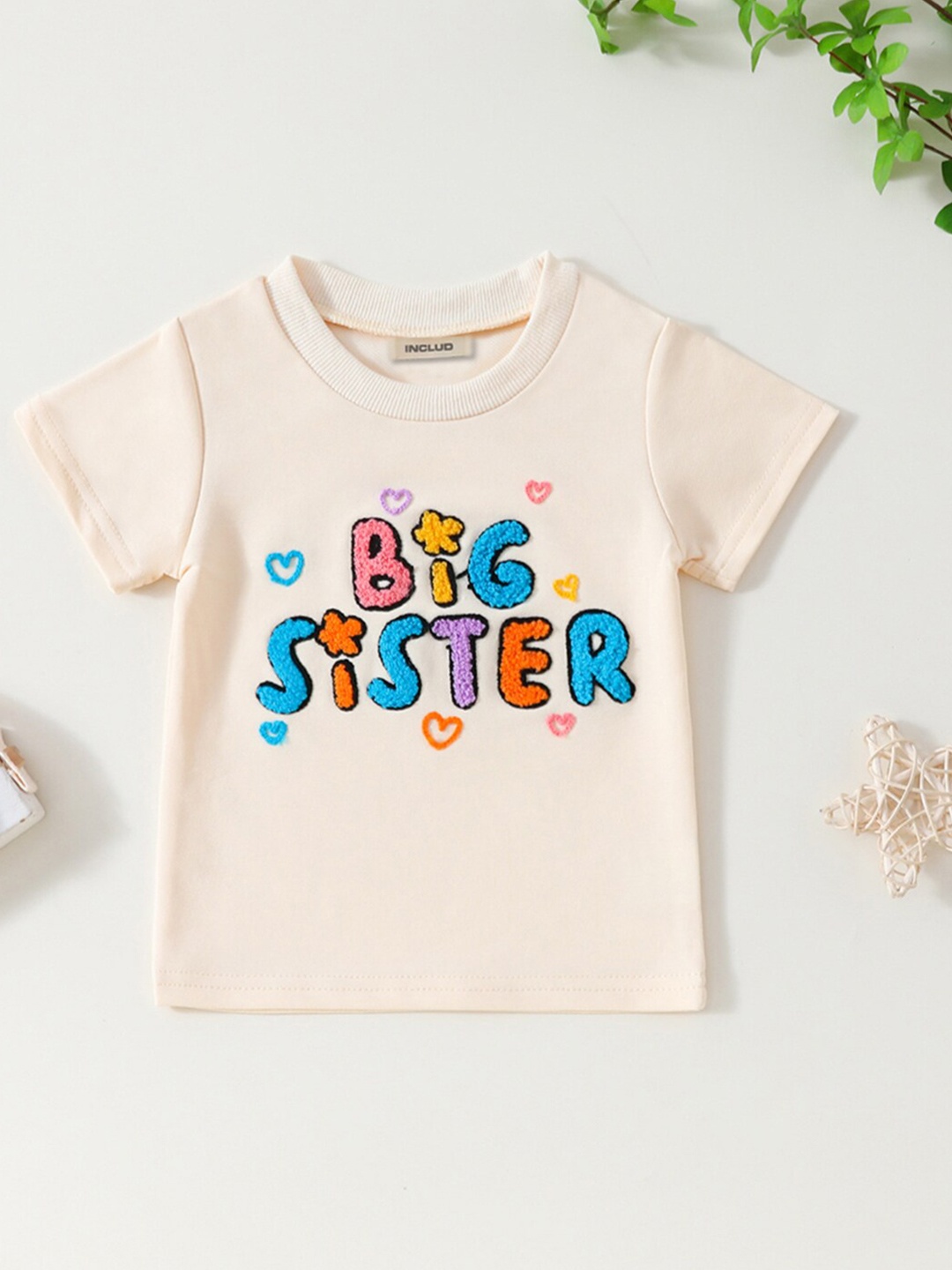 

INCLUD Girls Embroidered Typography Round Neck T-shirt, Off white