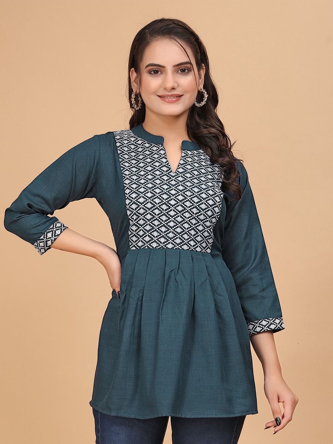 

PARNAVI Embroidered Round Notched Neck Tunic, Blue