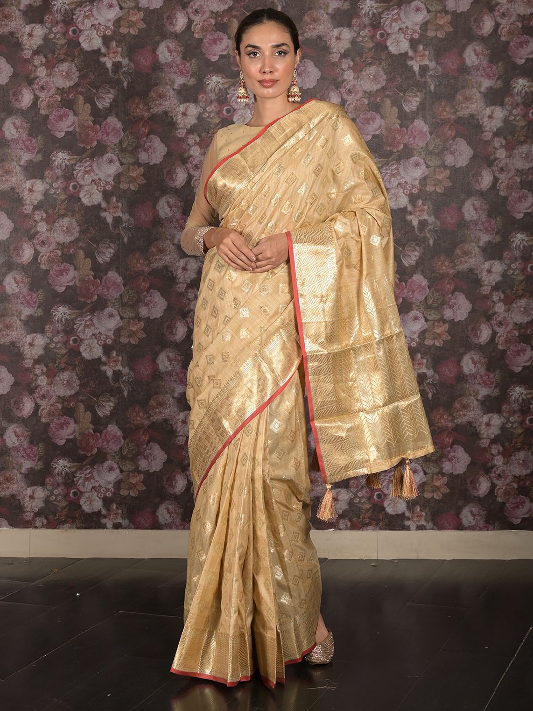 

ODETTE Woven Design Zari Saree, Beige