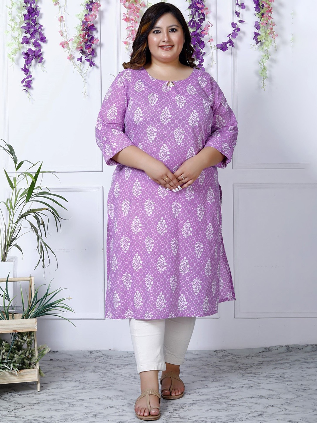 KALINI Women Embroidered Mirror Work Floral Kurta, Purple