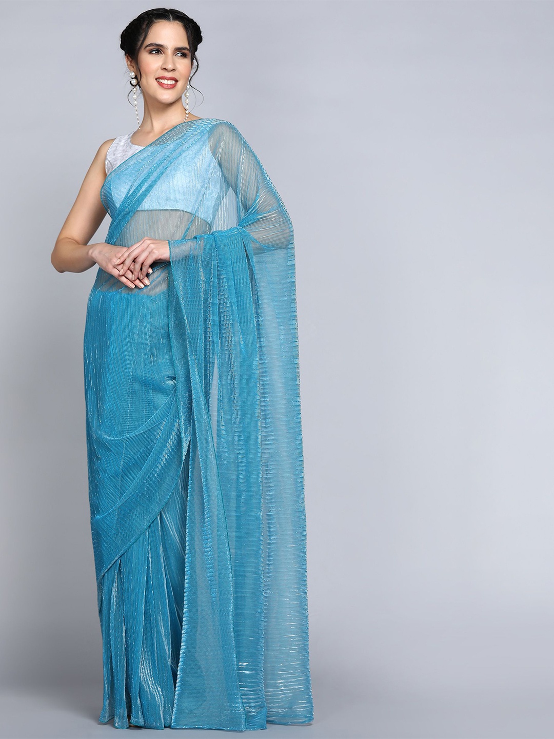 

VIJAYA VALLABH Woven Design Net Saree, Sea green