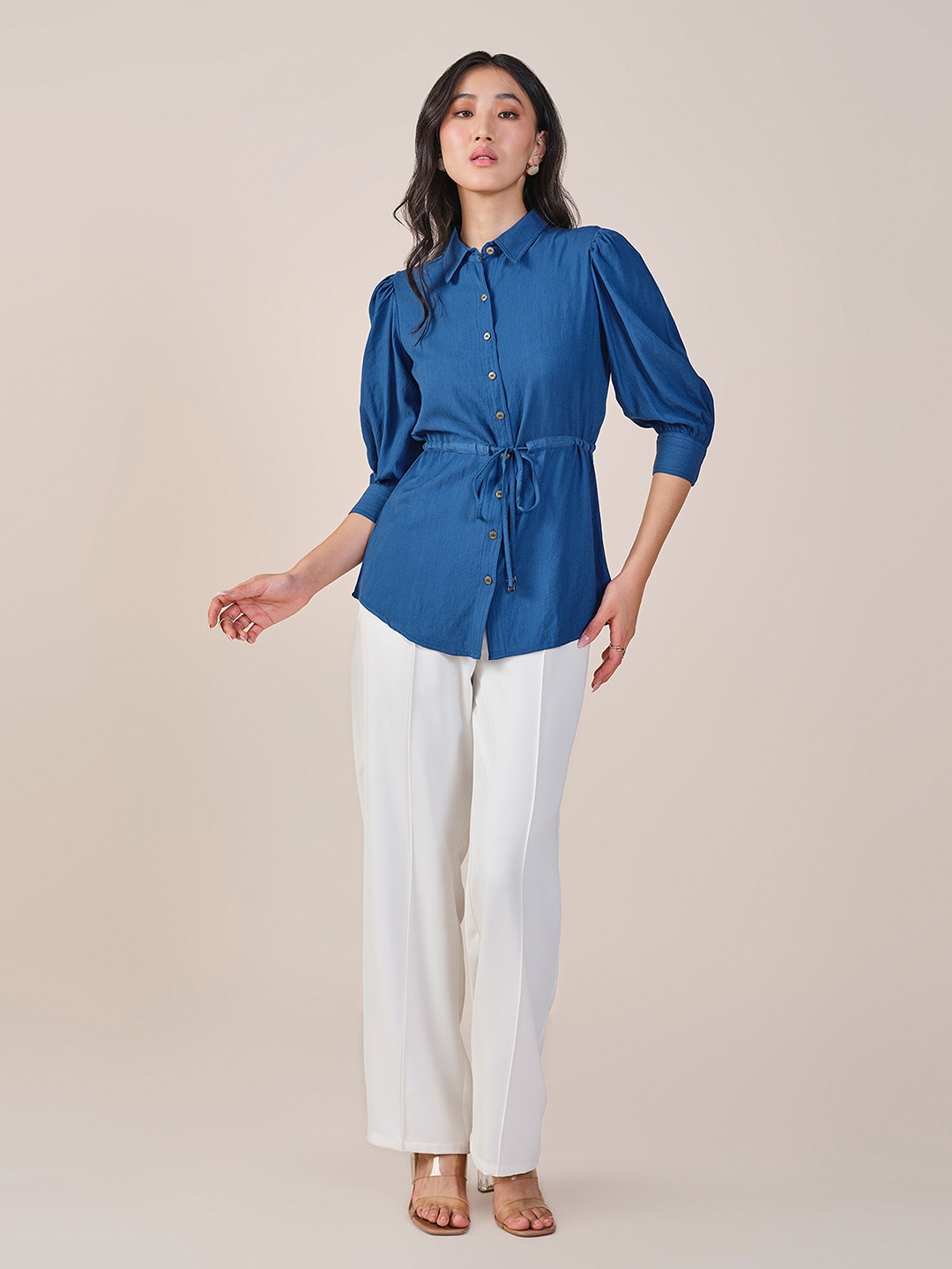 

AND Shirt Style Waist Tie-Ups Solid Top, Blue