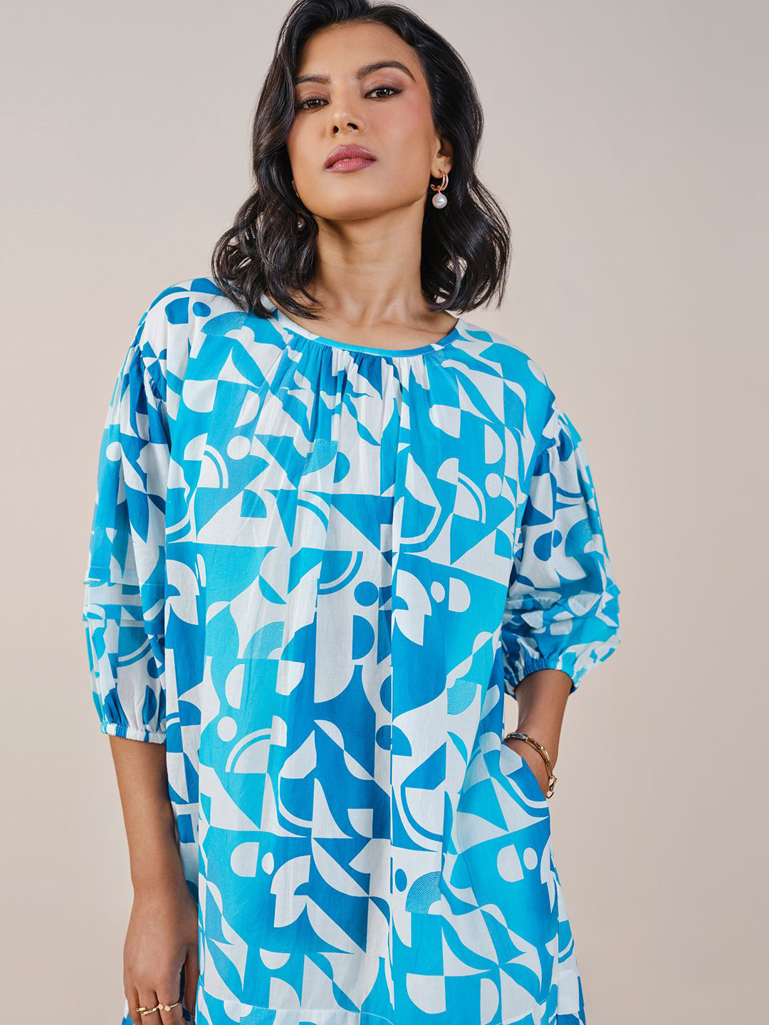 

AND Women Floral Print Puff Sleeve A-Line Dress, Blue