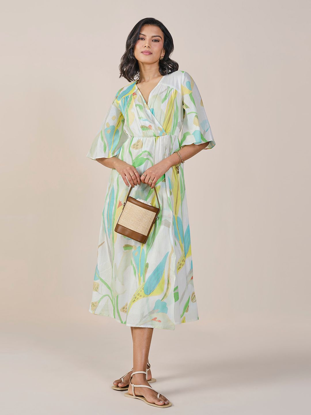 

AND Women Tropical Print Flared Sleeve Kaftan Midi Dress, Green