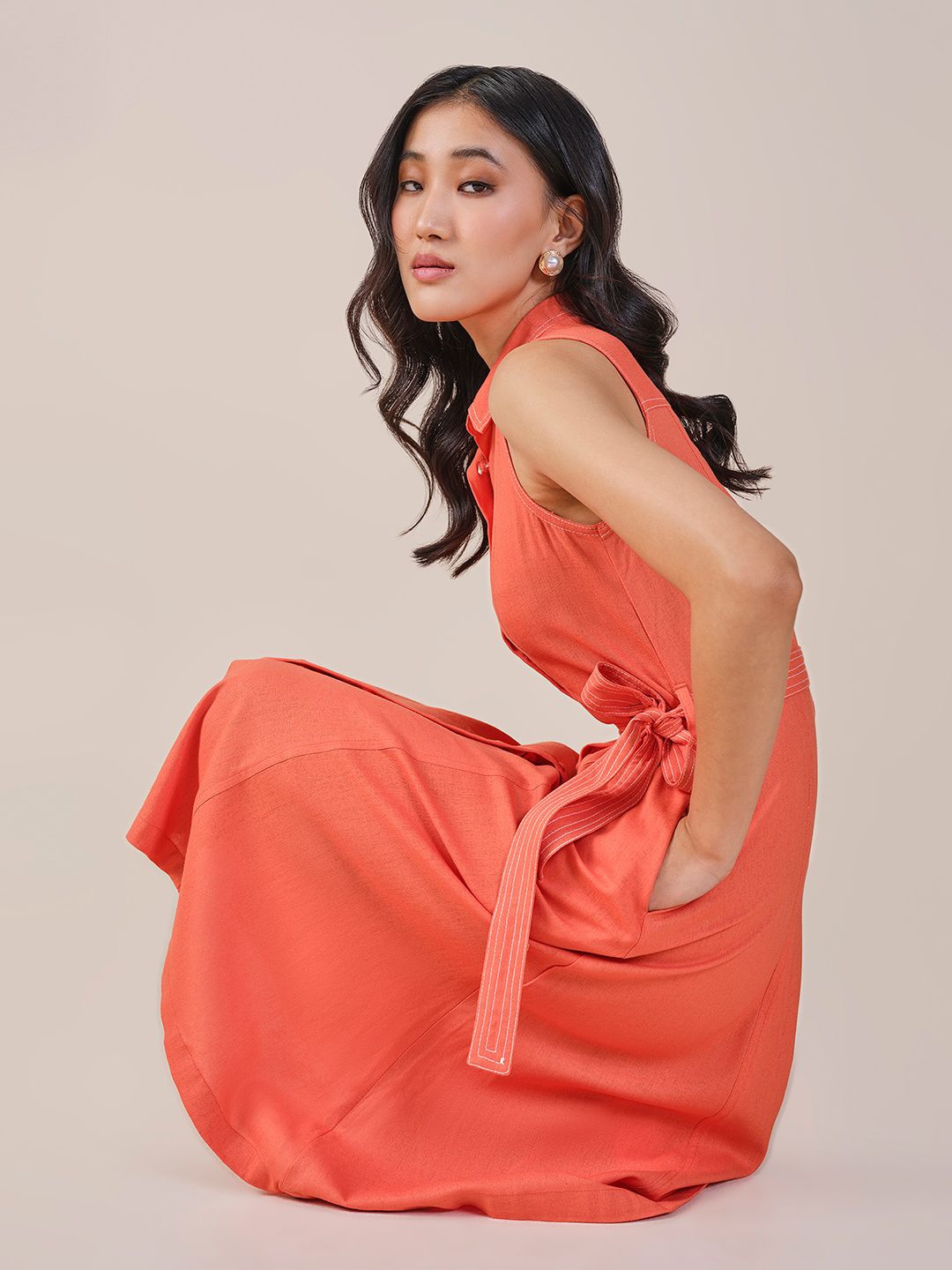 

AND Women Shirt Collar Maxi Dress, Orange