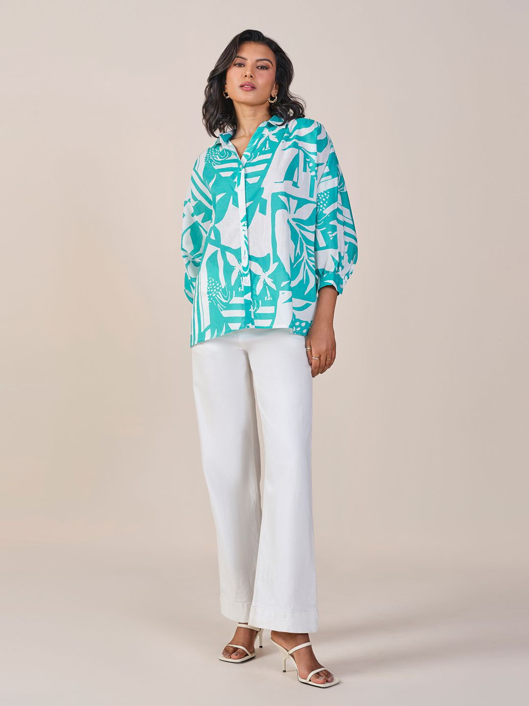 

AND Shirt Collar Printed Cotton Top, Blue