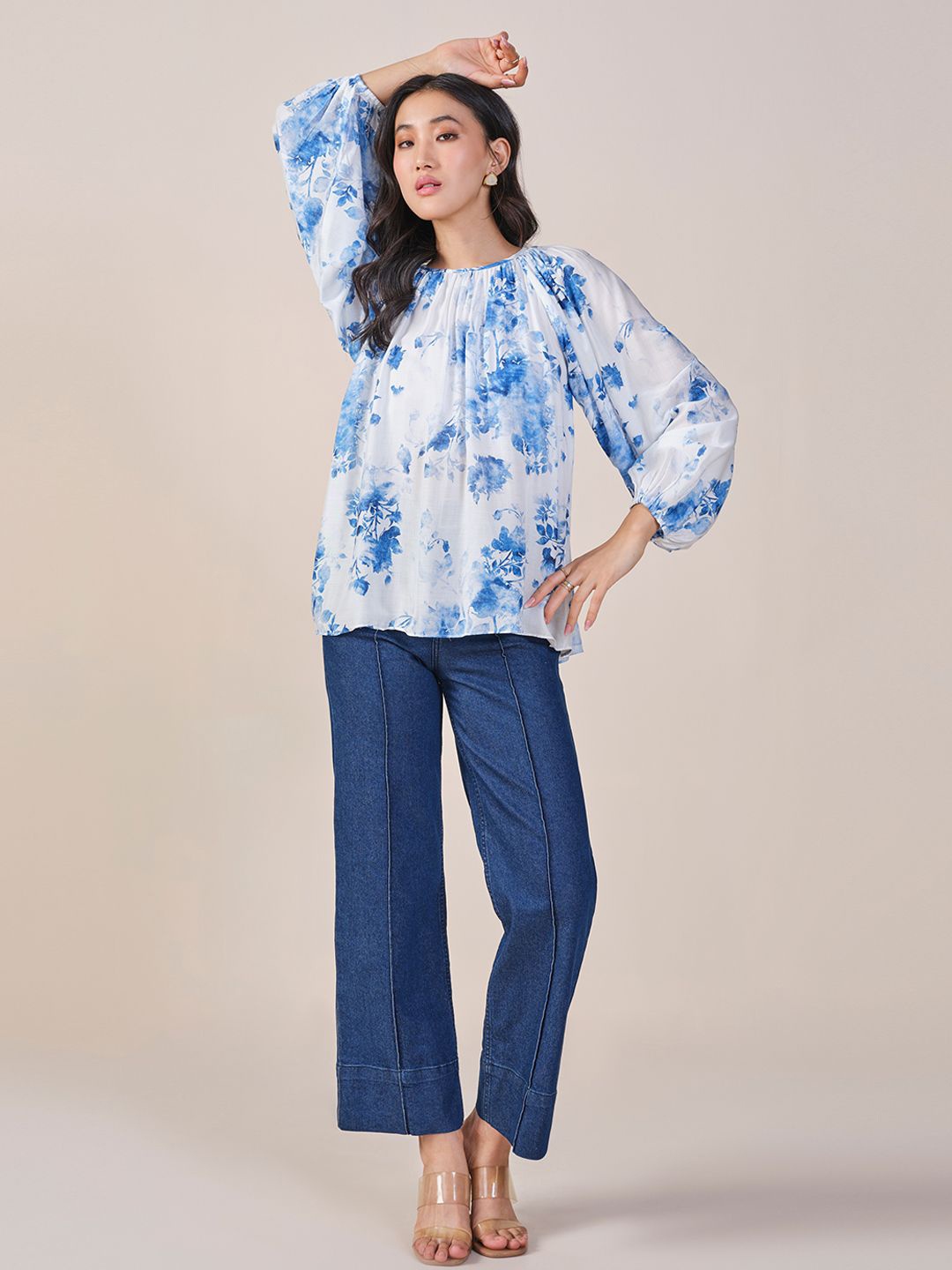 

AND Round Neck Floral Printed Top, Blue
