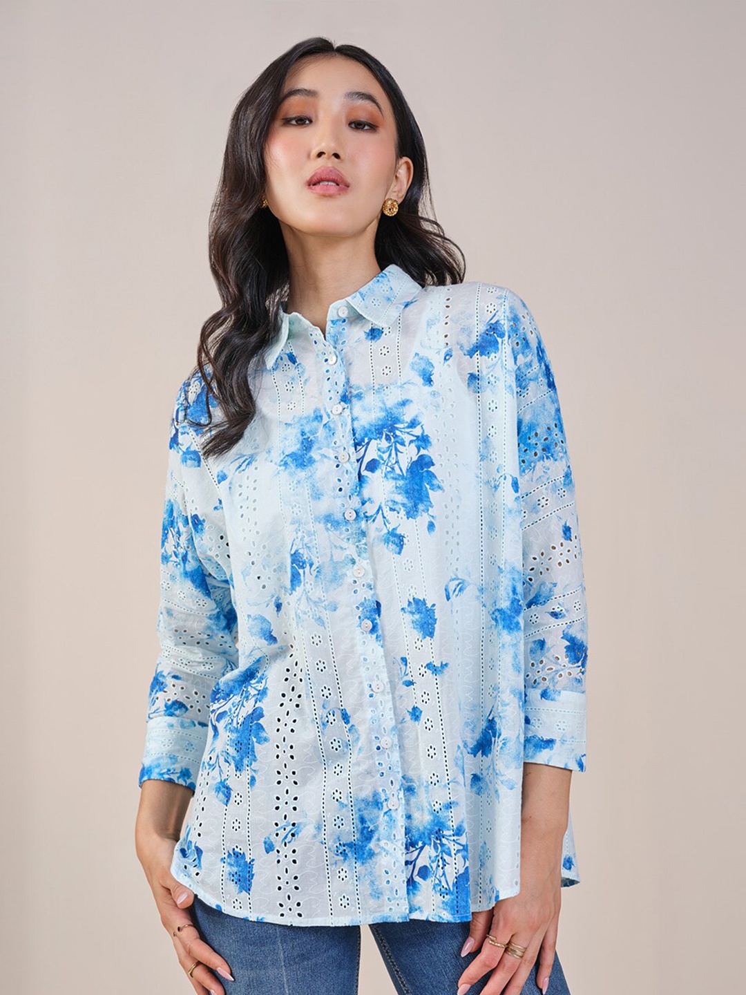 

AND Floral Print Cotton Shirt Style Top, White