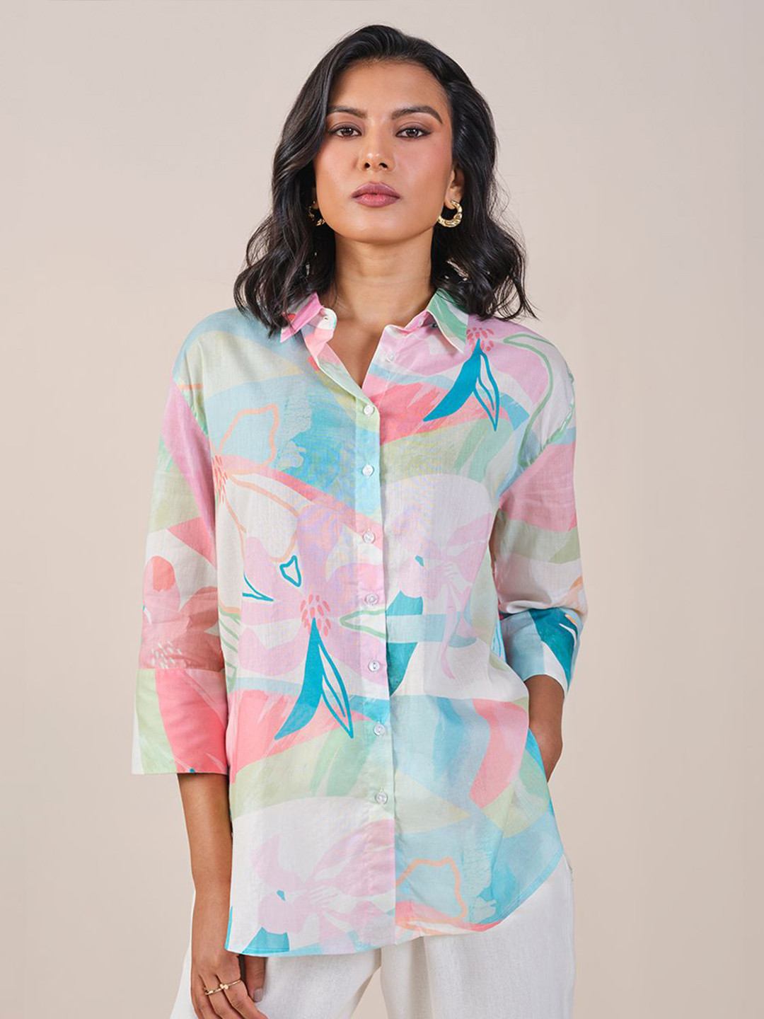 

AND Shirt Style Printed Cotton Top, Multi