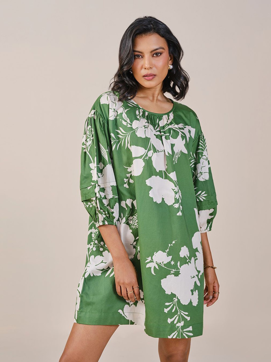 

AND Floral Print Puff Sleeve A-Line Dress, Green