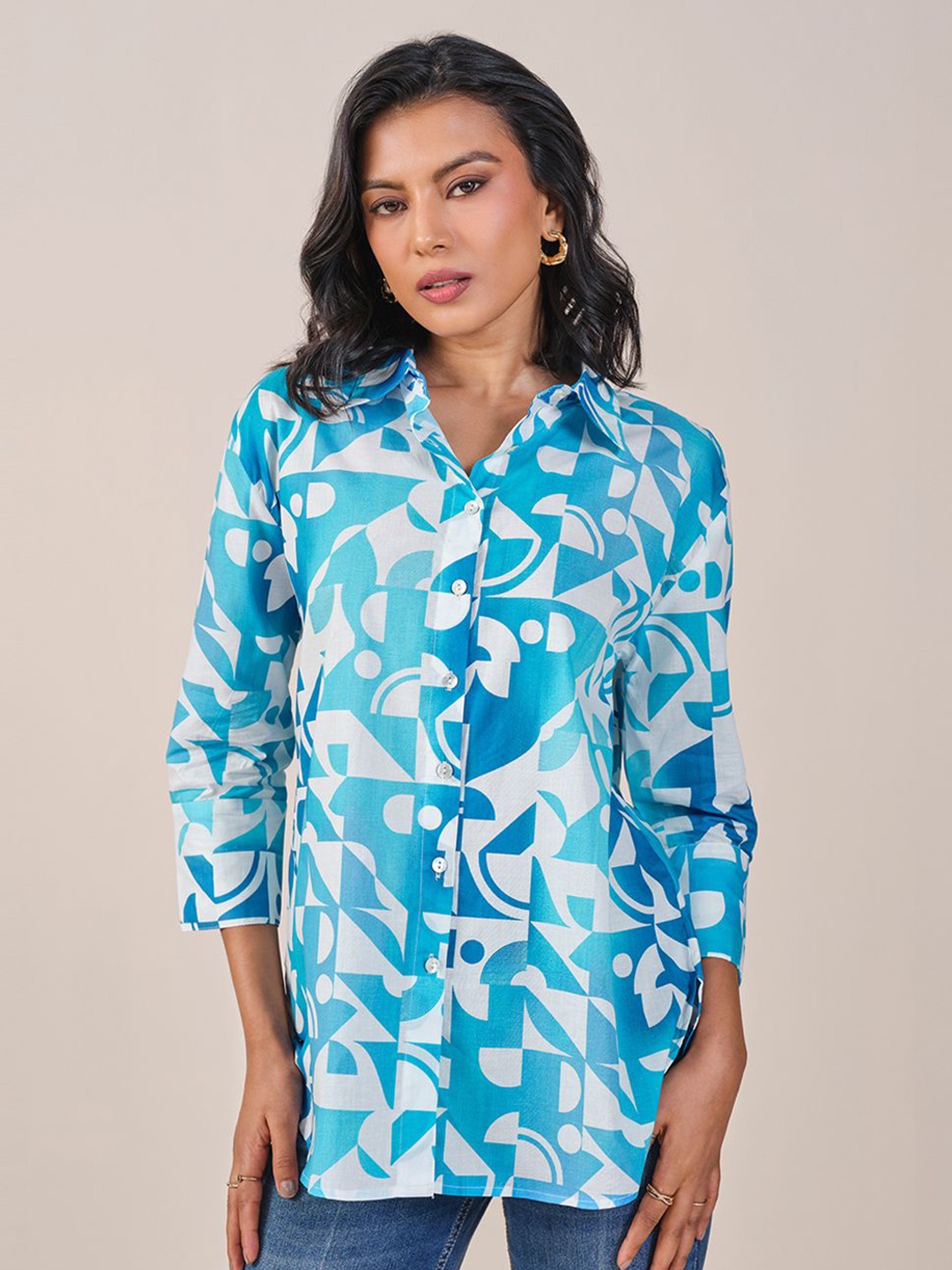 

AND Shirt Style Printed Cotton Top, Blue