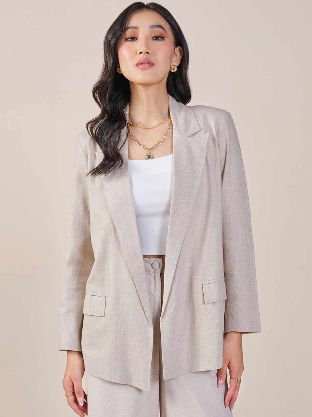 

AND Women Striped Viscose Rayon Longline Tailored Jacket, Beige