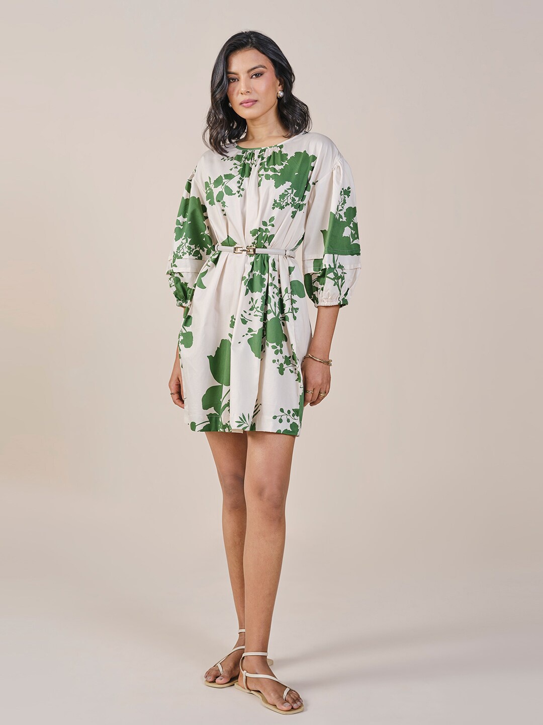 

AND Floral Print Tie-Up Neck Puff Sleeve A-Line Dress, White