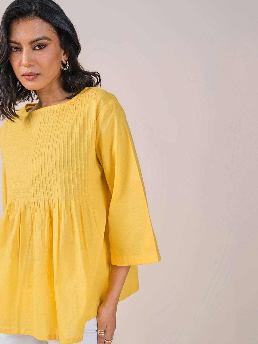 

AND Round Neck Solid Cotton Top, Yellow