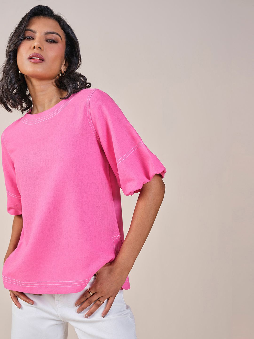 

AND Round Neck Solid Top, Pink